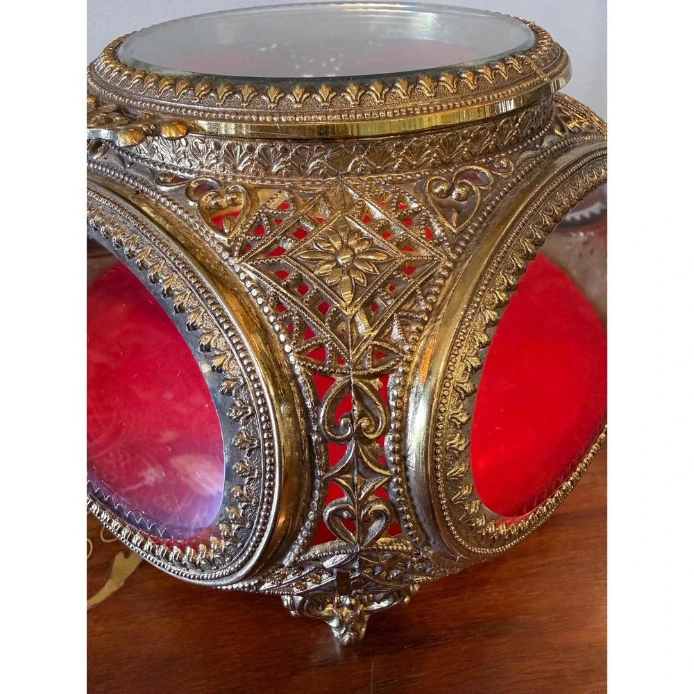 Vintage Ormolu Jewelry Casket Red Velvet Beveled Glass Box - Picture 7 of 17